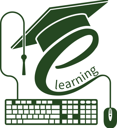 graphic of a mortarboard, graduation hat, keyboard and mouse, with the wire forming the letter e, containing the word learning