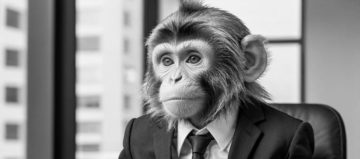 AI generated image of a monkey wearing a suit and tie, sat in an executive office
